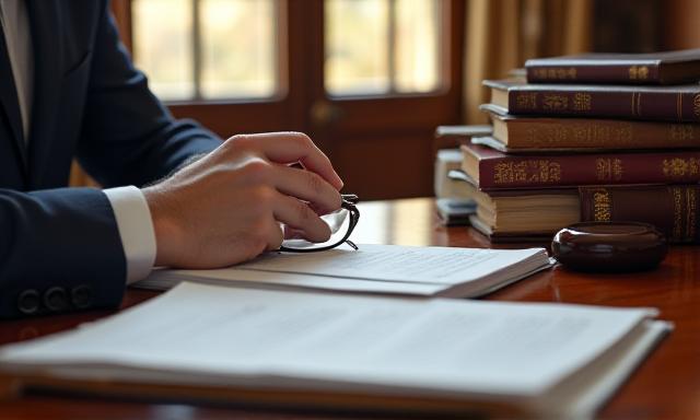 Professional lawyer reviewing a stack of documents with meticulous care in a sunlit office